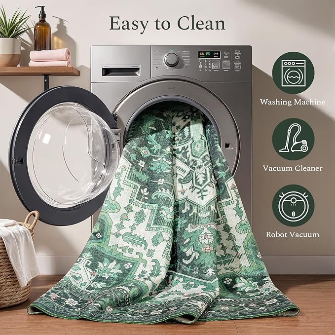 Rugflix 3x5 Area Rugs for Living Room, Machine Washable Rug Non Slip Stain Resistance, Small Rug Vintage Distressed Soft Carpet for Bedroom, Dining Room, Home Office, Green