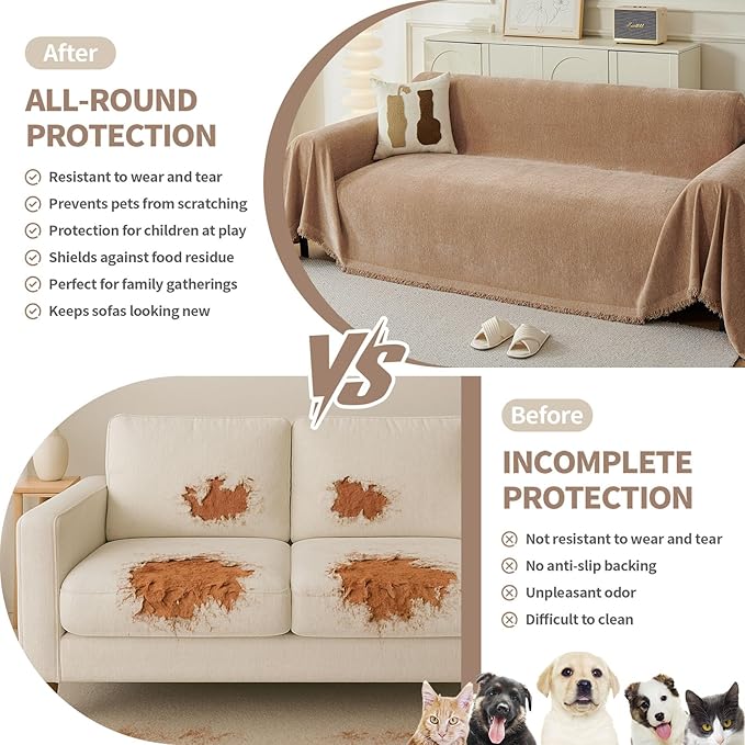 Couch Cover for Dogs, Boho Sofa Covers for 3 Cushion Couch, Chenille Sofa Slipcover for Pets Washable, L-Shape Sectional Couch Loveseat Cover Soft Throw Blankets with Tassels(71x134,Khaki)