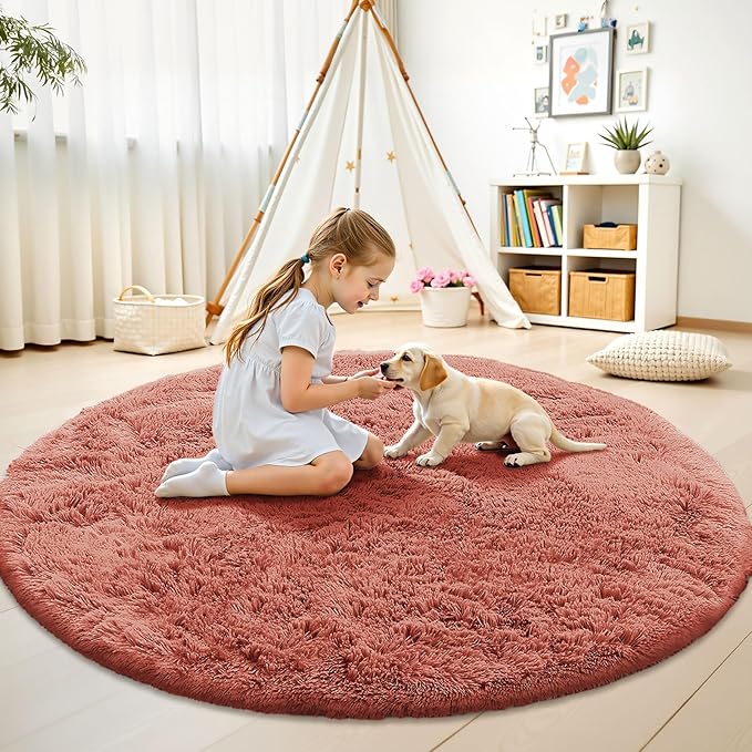 OLANLY Rust Red Round Rugs for Bedroom - Machine Washable, 6 ft Circle Area Rugs for Living Room, Soft and Fluffy Shaggy Carpet for Teen Girl and Boys, Nursery Rooms, Dorms, Home Decor Aesthetic
