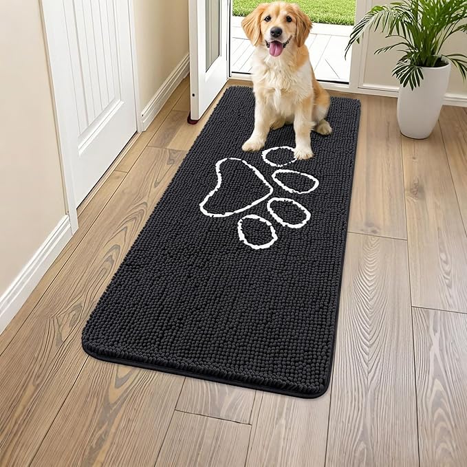 Smiry Dog Door Mat for Muddy Paws, Absorbent Dirt Trapper Non Slip Quick Dry Washable Chenille Mat for Mud Dogs, Entry Rug for Indoor and Outdoor (47x20 Inches, Black and White)