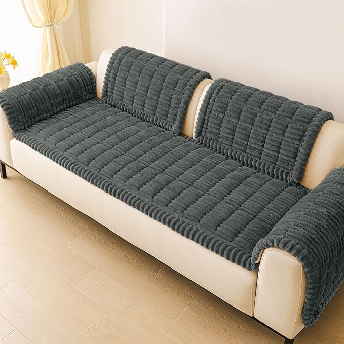 hyha Couch Covers for Dogs Washable, Non Slip Plush Dog Sofa Protectors, Fuzzy Pet Couch Covers for 3 Cushion Sofa Pet Friendly (Dark Grey, 27.6" x 88")