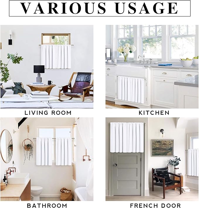 RYB HOME Basement Bathroom Kitchen Cafe Privacy Curtains, Short Insulating Light UV Heat Blocking Privacy Curtain Tiers for Laundry Room, Width 34 by Length 30, Pure White, 2 Panels