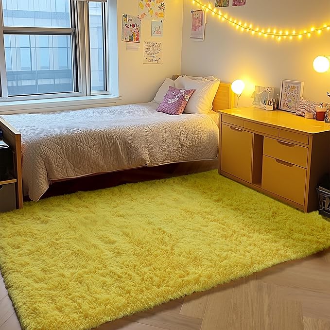 ONASAR Yellow Rugs for Living Room Bedroom, 5x8 Fluffy Bedside Area Rug, Soft Plush Shaggy Indoor Floor Carpet for Nursery Kids Girls Boys Teen Dorm Home Office Decor Aesthetic