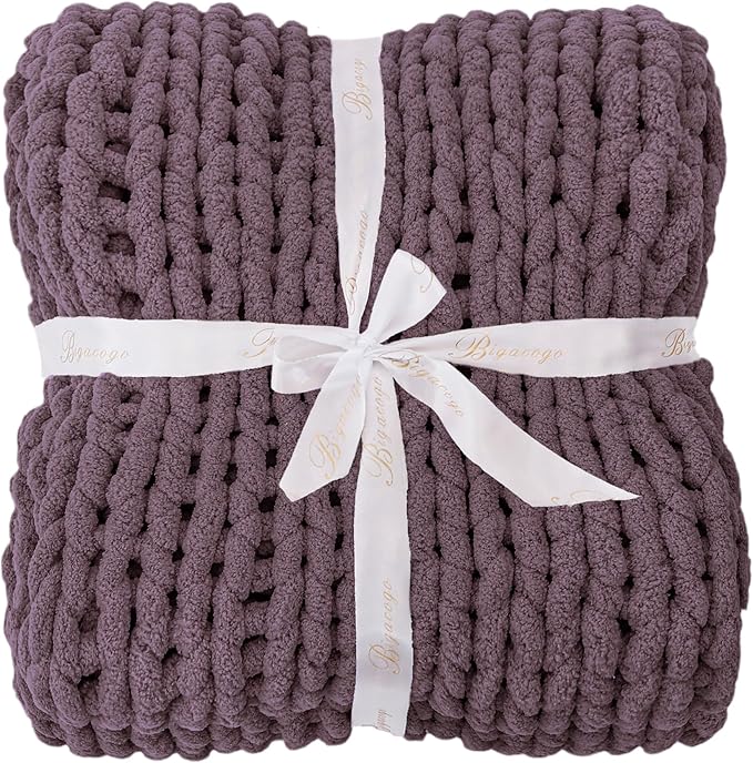 Bigacogo Chunky Knit Throw Blanket for Couch, 40x60 inches, 100% Hand Knitted with Thick Jumbo Chenille Yarn, Cozy Soft Large Rope Knot Cable Crochet Blankets for Sofa Bed Living Room, Winter Grape