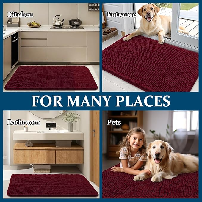 OLANLY Dog Door Mat for Muddy Paws 50x30, Absorbs Moisture and Dirt, Absorbent Non-Slip Washable Doormat, Quick Dry Chenille Mud Mat for Dogs, Entry Indoor Entryway Carpet for Inside Floor, Burgundy
