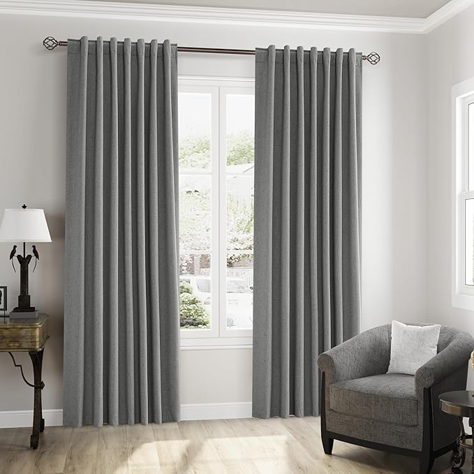 Guken Dark Grey 100% Blackout Linen Curtains 90 Inch Length 2 Panels Set for Living Room Back Tab Thermal Insulated Black Out Drapes Room Darkening Farmhouse Style for Bedroom Window Curtains