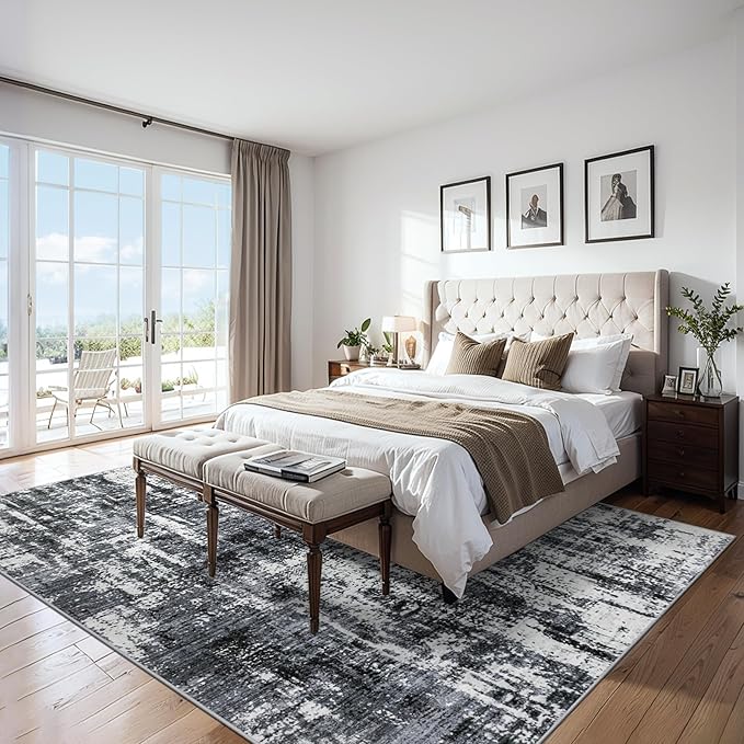 Area Rugs 10x12 Living Room - Washable Rug Modern Abstract Soft Large Neutral Non-Slip Carpet Indoor Floor Thin Carpets for Bedroom Dining Room Farmhouse Nursery Home Office Black