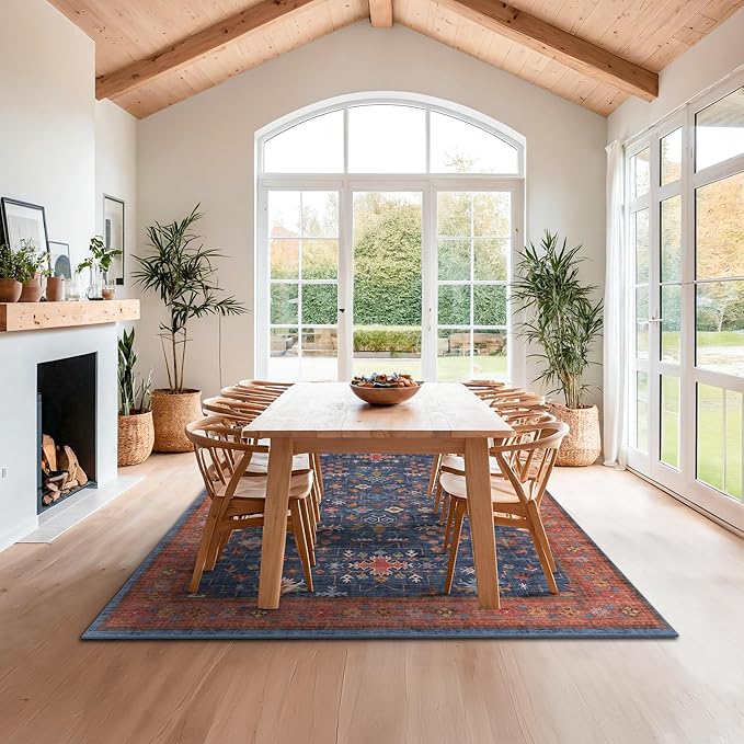 Hazo Haus 6x9 Dining Room Rugs for Under Table - Washable Area Rug for Living Room, Low Pile Non-Slip Rugs for Bedroom - Navy Blue & Terracotta Vintage Boho Eclectic Home Decor