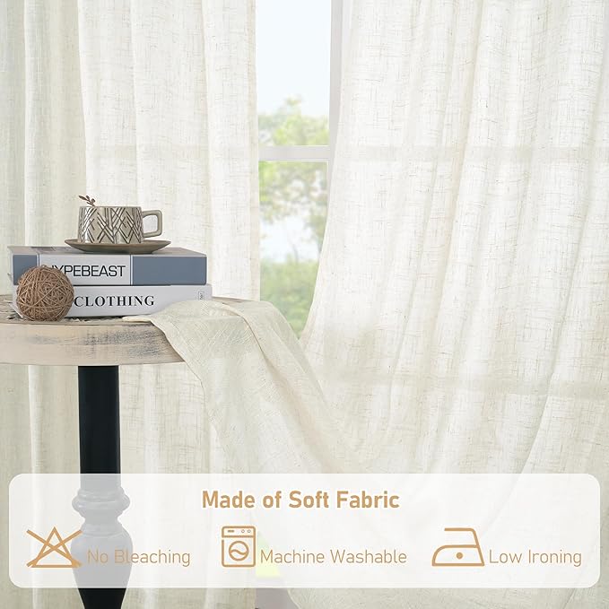 LAMIT Cream Linen Curtains 40 Inch for Small Window, Light Filtering Neutral Semi Sheer Window Boho Curtains Back Tab and Rod Pocket Panels for Kitchen/Living Room, 2 Panels, 34 x 40 Inch
