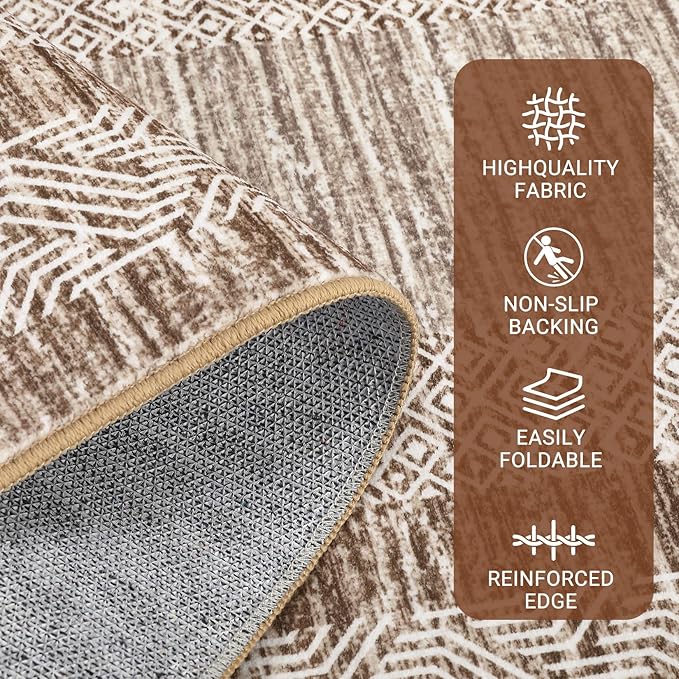 GarveeHome 8x10 Large Washable Area Rug Modern Bordered Rug Distressed Geometric Floor Carpet, Soft Non Slip Rug, Low Pile Non Shedding Rug, Indoor Brown Rug for Bedroom, Living Room