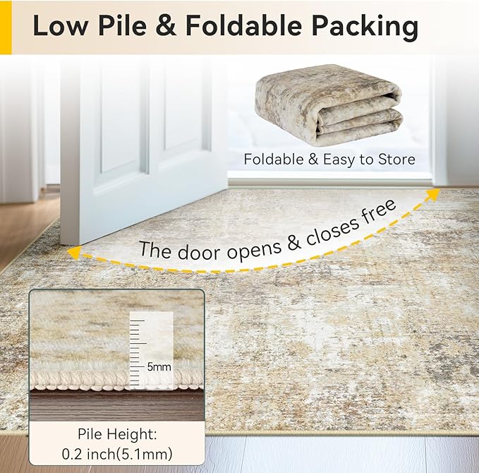 Washable Area Rugs 4ft Non-Slip Modern Abstract Soft for Living Room Entryway Bedroom Nursery, Print Pattern, Neutral Brown Gray