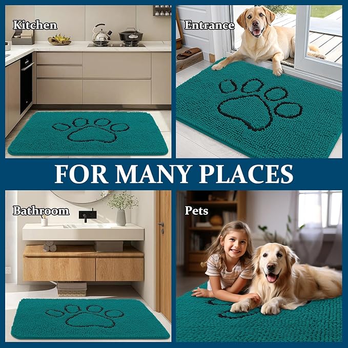 OLANLY Dog Door Mat for Muddy Paws 36x24, Paw Print Design, Absorbs Moisture and Dirt, Absorbent Non-Slip Washable Doormat, Quick Dry Chenille Mud Mat for Dogs, Entry Indoor Entryway Carpet, Lake Blue
