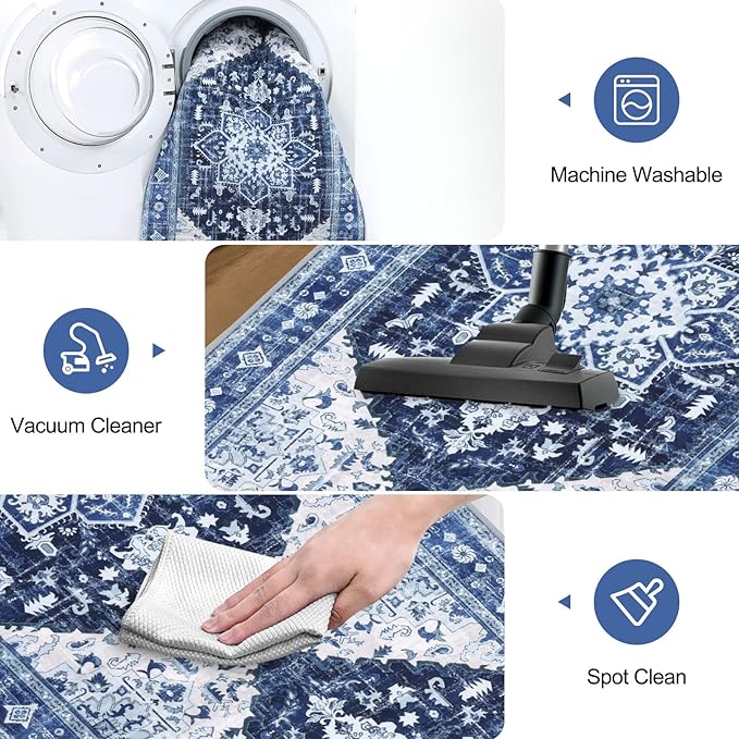 Yamaziot Washable Runner Rug, 2x5 Non-Slip Boho Vintage Hallway Rug Runner with Rubber Backing, Stain Resistant & Low Pile Faux Wool Distressed Carpet Runner for Kitchen, Laundry, Entrance, Blue