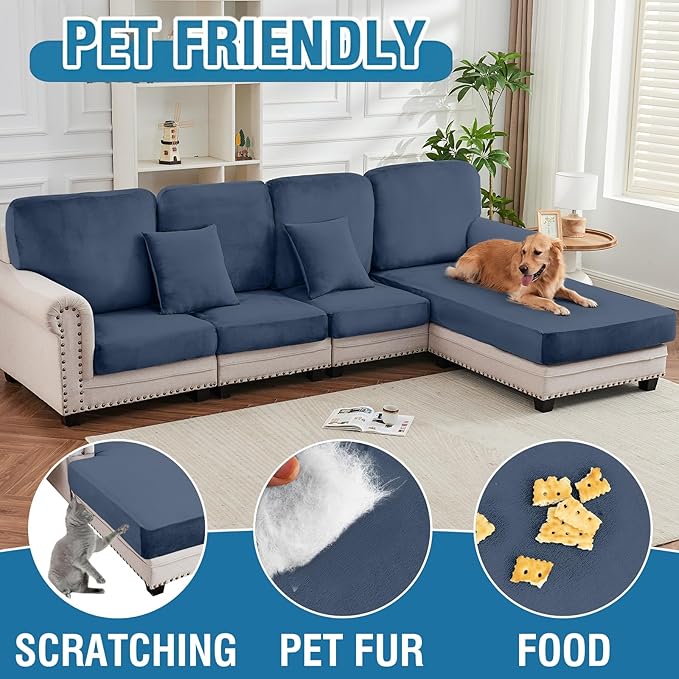 Couch Cover 4-Piece Elastic Velvet Couch Cushion Covers & Chaise Slipcovers for L-Shaped Sofas, Sofa Seat Covers Washable, Soft Cover for Couches (3 Seater + Chaise, Berlin Blue)