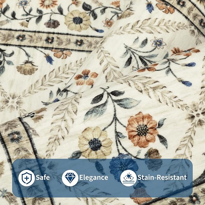 Large Entryway Rug 3x5 Floral Washable Area Rugs Vintage Soft Non-Slip Small Floor Carpet Doormat Stain Resistant Low-Pile Ultra-Thin Entry Mat for Bedside Kitchen Beige
