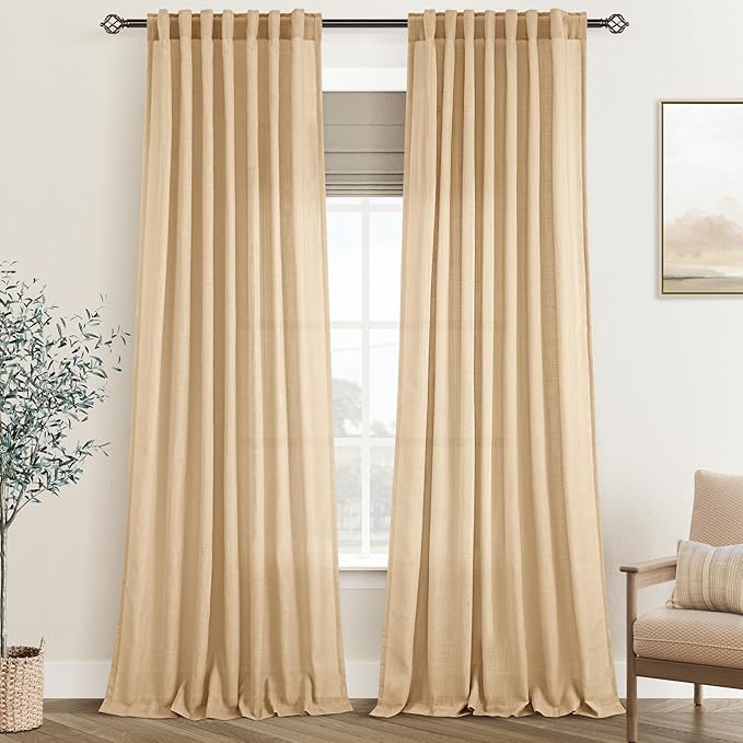 Tan Linen Curtains 108 inches Long for Living Room Back Tab Rustic Farmhouse Semi Sheer Light Filtering Window Curtain Dining Room Soft Thick Flax Linen Textured Drapes Kahki 52x108