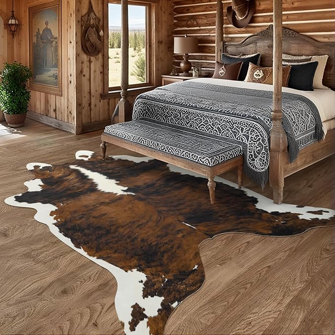 AROGAN Western Decor Faux Fur Cowhide Rug, 5.2x6.3 Feet Premium Animal Skin Cow Hide Rug, Sturdy Cow Print Rugs for Wall Decor, Western Floor Carpet for Bedroom Living Room, Black and Brown