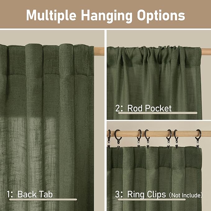 LAMIT Christmas Short Linen Curtains 36 Inch Length 2 Panels, Olive Green Light Filtering Panels Back Tab and Rod Pocket Neutral Cafe Drapes for Bathroom/Small Windows, 34 x 36 Inch