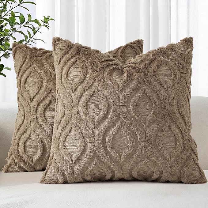 decorUhome Throw Pillow Covers 18x18 Inch Set of 2, Soft Plush Faux Wool Light Brown Solid Couch Pillow Covers, Accent Farmhouse Neutral Square Pillow Cases for Sofa Bed Living Room