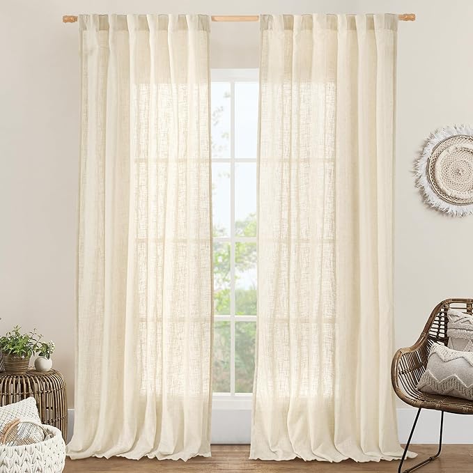 LAMIT Living Room Linen Curtains 90 Inch for Bedroom, Back Tab and Rod Pocket Linen Textured Sheer Curtains Light Filtering Boho Drapes for Farmhouse, 2 Panels, 52 x 90 Inch, Beige