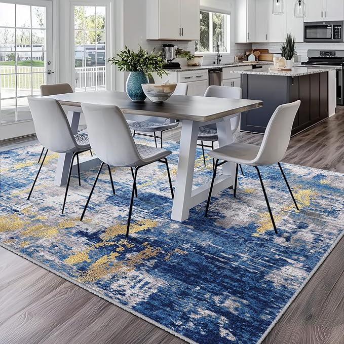 Washable Area Rugs7'x9' Non-Slip Modern Abstract Soft for Living Room Entryway Bedroom Nursery, Print Pattern, Grey Blue Gold/Golden