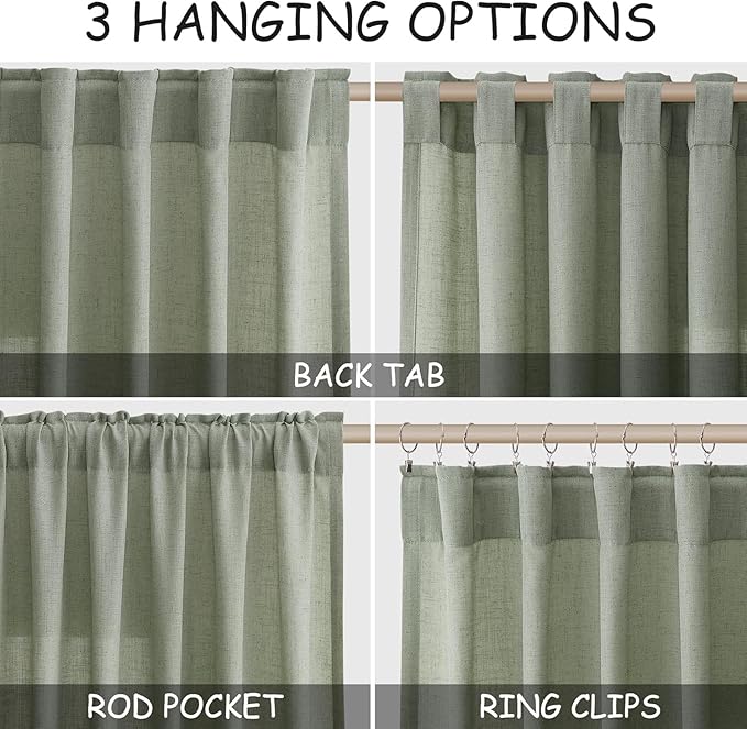 Desert Sage Linen Curtains for Living Room 98 Inches Long Light Filtering Semi Sheer Curtain Back Tab Rustic Farmhouse Decor Elegant Luxury Boho Drapes for Bedroom Dinner Room 52x98, 2 Panels