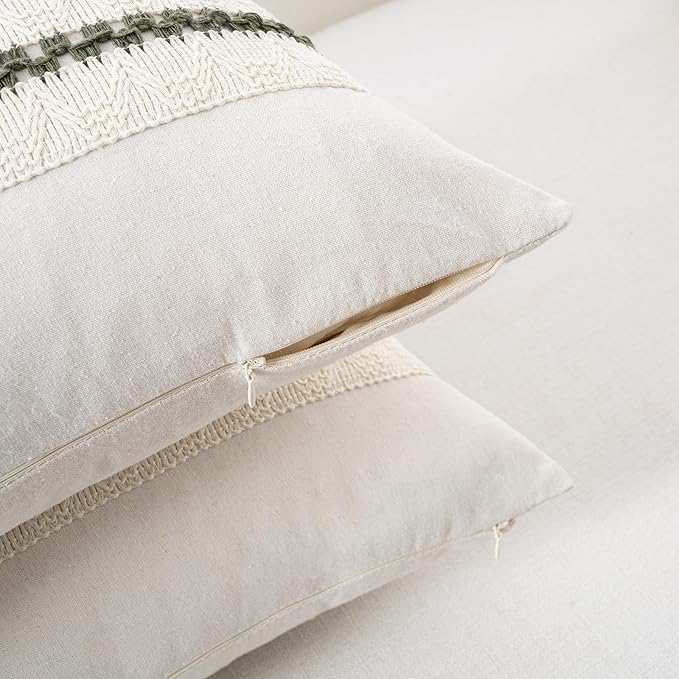 Fancy Homi Set of 1 Boho Olive Green Decorative Throw Pillow Cover 22x22 Inch for Couch Bed Sofa, Aesthetic Modern Organic Farmhouse Home Decor, Soft Cotton Cute Accent Macrame Woven Cushion Case