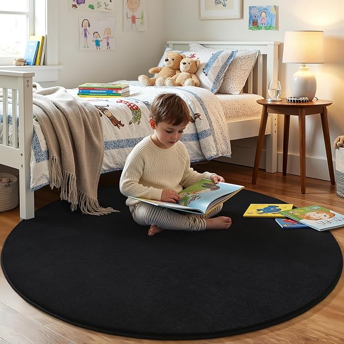 Amearea Black Round Area Rugs 4ft Washable Circle Rugs for Bedroom Living Room, Fluffy Indoor Thickened Memory Foam Rug, Non Slip Minimalist Circular Carpet for Kids Boys Girls Dorm Nursery Room Decor