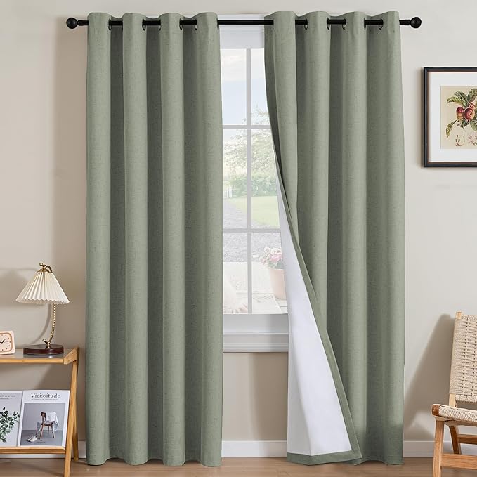 H.VERSAILTEX Linen Curtains 100% Blackout Curtains for Bedroom 96 inch Long Full Light Blocking Nature Linen Blended Window Curtains for Living Room Nickel Grommet (2 Panels, Heathered Dried Sage)