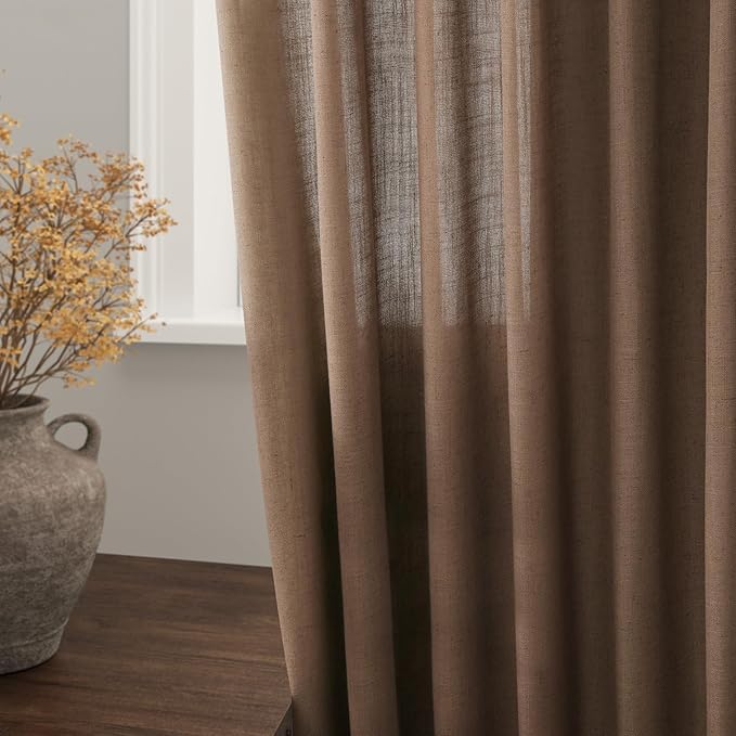 Caramel Brown Linen Curtains 84 Inches Long for Bedroom Back Tab Light Filtering Privacy Semi Sheer Drapes Modern Farmhouse Decor Cotton Textured for Living Room Curtain 2 Panels Set 52x84 Inch