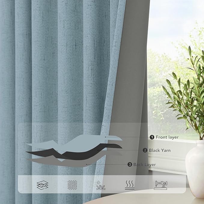 Slate Stone Blue Linen Blackout Curtains 90 Inch Long 2 Panels for Boys Bedroom Kids Back Tab Rod Pocket Pleated Thermal Insulated Energy Efficiency Full Shading Panels for Living Room 52 Inch Wide