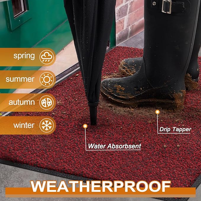 Mibao Front Door Mat, Dirt Trapper Welcome Mat for Outdoor Indoor, Non-Slip Waterproof Doormat, Durable Machine Washable Low Profile Entry Rug for Back Door Outside Patio Porch, 36" x 24", Red