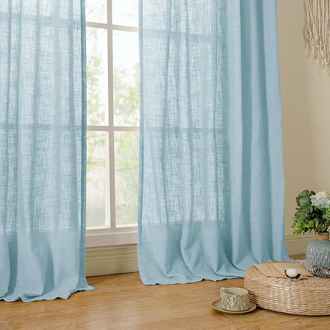 LAMIT Linen Curtains 48 Inch Length 2 Panels, Light Filtering Panels Back Tab and Rod Pocket Country Decor Drapes for Kitchen/Window/Loft Room/Bedroom, 34 x 48 Inch, Stone Blue