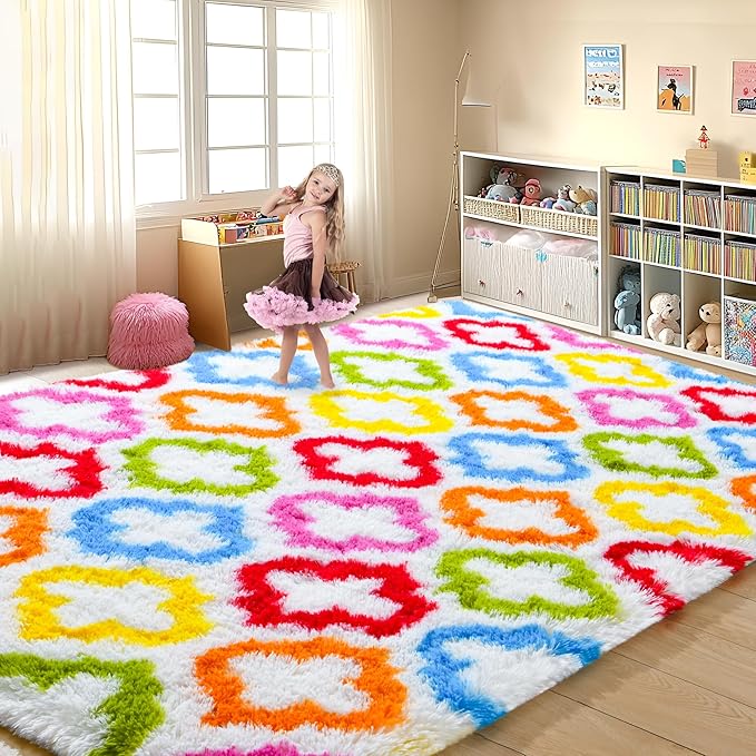 Tepook Fluffy Colorful Rug for Kids, Shaggy Soft Rainbow Area Rugs for Girls Bedroom, Indoor Modern Geometric Moroccan Rugs Plush Girls Kids Rug for Playroom Teens Room Nursery Home Decor, 3 X 5 ft