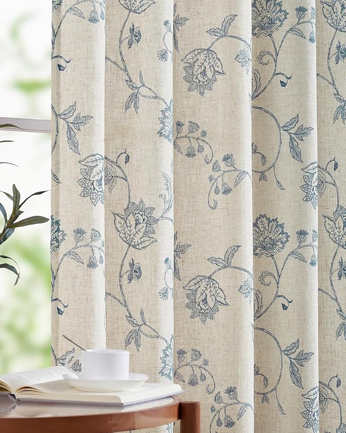 jinchan Linen Curtains Floral Curtain 84 Inch Length for Living Room Bedroom Light Filtering Rod Pocket Back Tab Jacobean Curtains Flax Linen Texture Window Drapes Set 2 Panels Blue on Linen