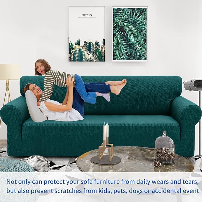 ZNSAYOTX 1 Piece Jacquard Couch Covers for 2 Cushion Couch High Stretch Loveseat Slipcover for Pets Dogs Anti Slip Love Seat Sofa Slipcover Furniture Protector (Medium, New Pattern Blackish Green)
