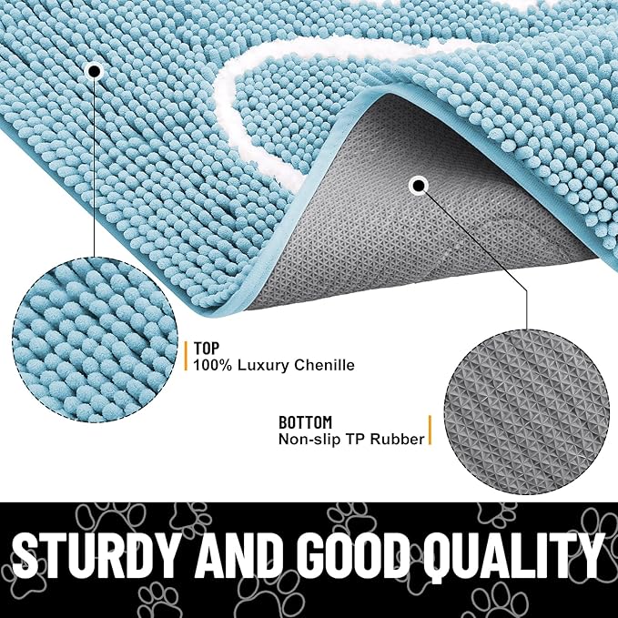 Smiry Dog Door Mat for Muddy Paws, Absorbent Dirt Trapper Non Slip Quick Dry Washable Chenille Mat for Mud Dogs, Entry Rug for Indoor and Outdoor (36x24 Inches, Sky Blue and White)