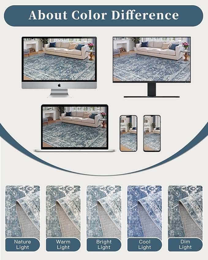 Madane 8x10 Area Rugs for Living Room, Machine Washable Vintage Rug with Non-Slip Backing, Soft Floral Print Large Throw Rugs, Thin Carpet for Bedroom Dining Room Farmhouse (8 x 10, Cadet Blue)
