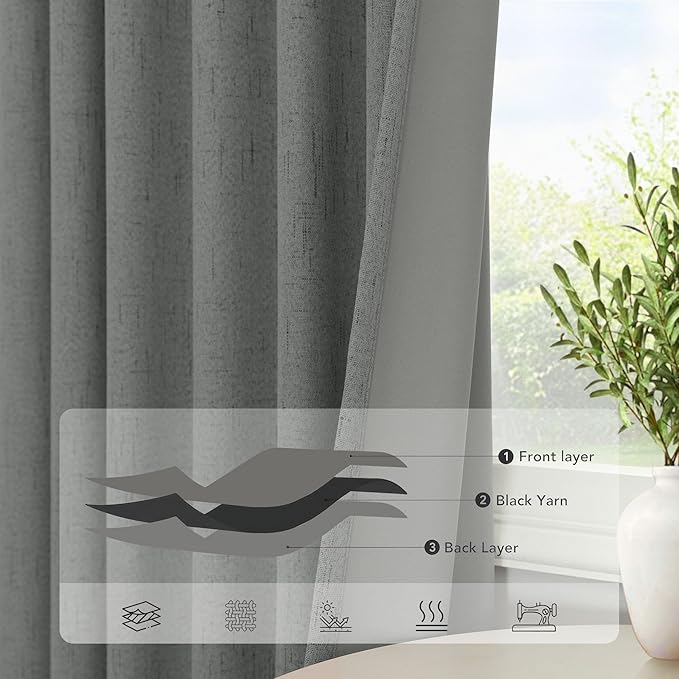 Gray Black Out Curtains 72 Inch Long for Bedroom 2 Panels Set Back Tab Pleated Neutral Boho Linen Textured Dark Grey Room Darkening Saving Energy Efficient Sound Deadening Drapes for Doorway 72 Length