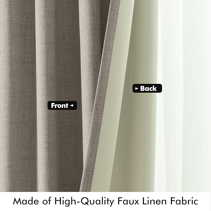 MIULEE 100% Blackout Linen Curtains for Bedroom,Greige Solid Luxury Decor Thermal Insulation Room Darkening Drapes for Living Room Nursery Back Tab Rod Pocket 42 x 96 Inches, 2 Panels