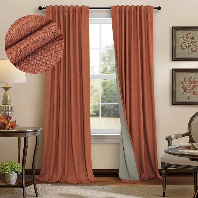Pitalk Boho Blackout Curtains for Living Room Linen Textured Bohemian Vintage Mid Century Modern Farmhouse Curtains for Bedroom 90 Inch Length 2 Panel Rust Terracotta Colored Long Drapes Dusty Orange