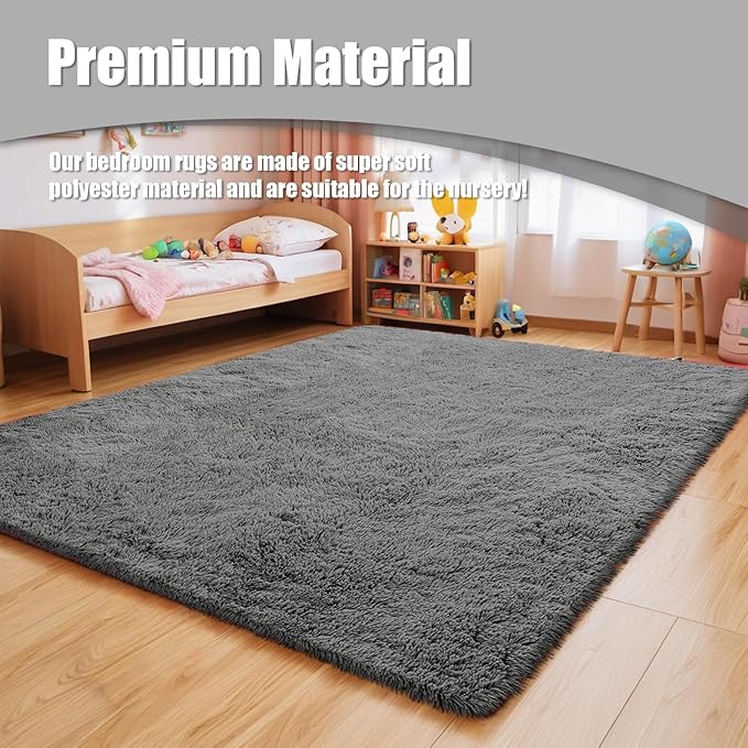 Ultra Soft Fluffy Area Rugs for Bedroom Living Room 10x14, Nursery Rug, Non-Slip Carpet for Kids Dorms Decor, Shaggy Bedside Rug, Deep Grey