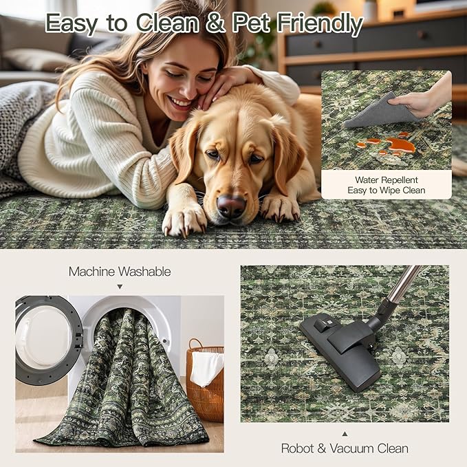 Lofus 8x10 Area Rug for Living Room,Green Washable Large Rugs with Non-Slip Backing,Soft Boho Carpets for Bedroom Dining Room Home Office Indoor Nursery