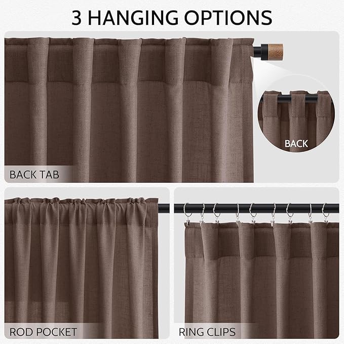 Cappuccino Linen Curtains for Living Room 100 Inches Long Light Filtering Semi Sheer Curtain Back Tab Rod Pocket Luxury Modern Rustic Home Decor Neutral Drapes for Bedroom Dinner Room 52x100, 2 Panels