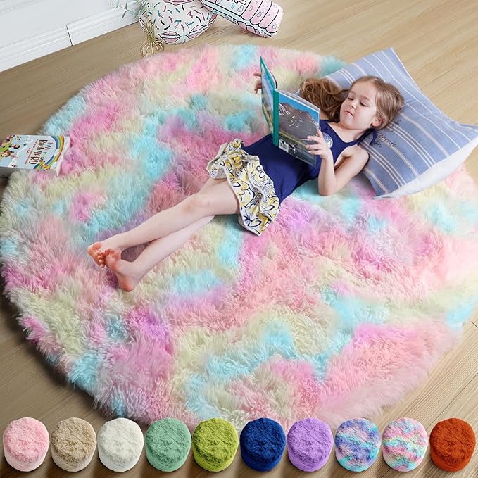 Amdrebio Rainbow Fluffy Small Round Rug 3Ft Kids Rugs for Girls Bedroom, Unicorn Room Decor, Colorful Pastel Shag Carpet for Dorm, Soft Cute Fuzzy Kawaii Circle Area Rugs for Baby Nursery, Playroom
