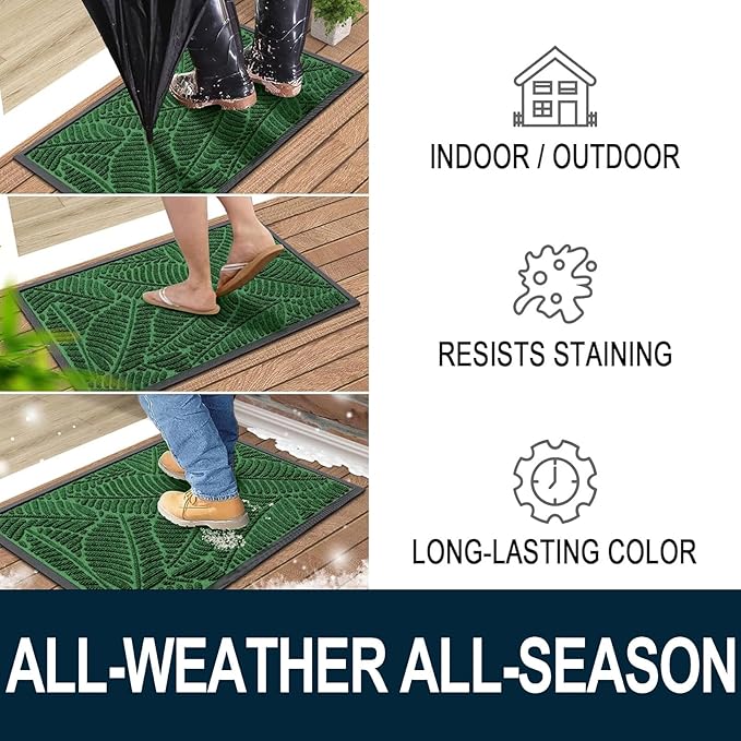 Colorxy Waterproof Doormat, Sturdy Natural Rubber Front Indoor Mat, Non Slip Low Profile Indoor Outdoor Door Mats, Stain and Fade Resistant Floor Mat, Easy Clean Patio Entrance Mat, 48''x32'', Green