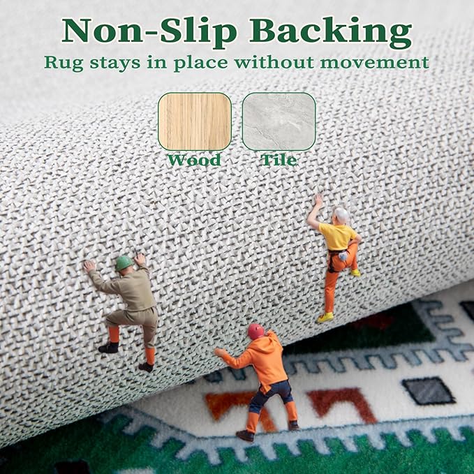 SERISSA 9x12 Area Rugs for Living Room, Large Washable Non-Slip Boho Rug, Ultra Soft Vintage Green White Oriental Tribal Print Distressed Carpet for Dining Room Bedroom Dorm Office Home Decor