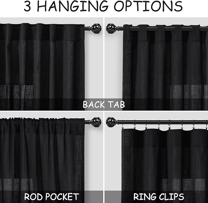 Black Linen Curtains 84 inches Long 2 Panels for Bedroom Back Tab Light Filtering Privacy Sheer Black Curtains Muslin Look Modern Farmhouse Cotton Textured Gauze Curtain for Living Room 2 Panel Set