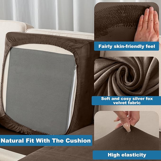 Couch Cover 6-Piece Elastic Velvet Couch Cushion Covers & Chaise Slipcovers for L-Shaped Sofas - Sofa Seat Covers Washable, Soft Protector for Couches (5 Seater + Chaise, Coffee)