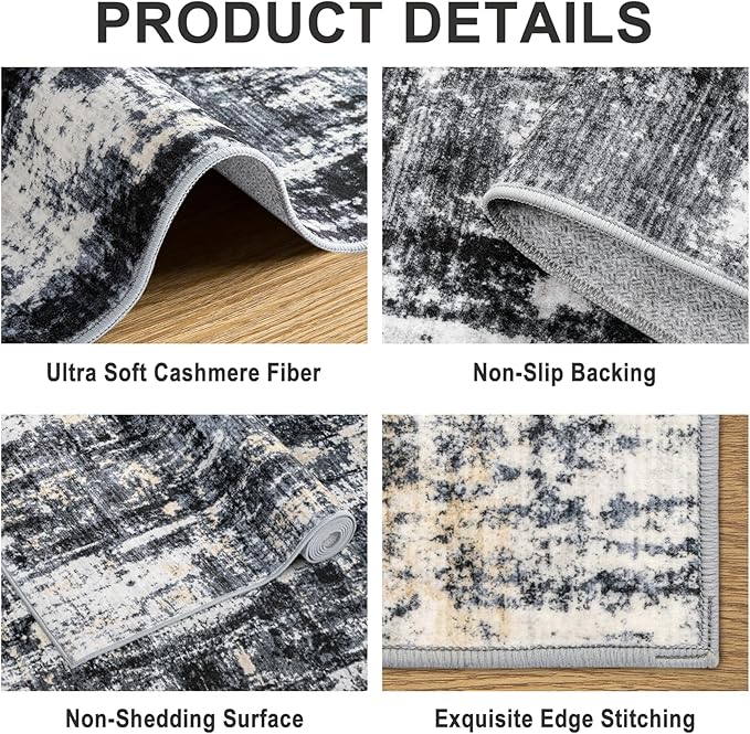 Area Rugs 10x14 Living Room - Washable Rug Modern Abstract Soft Large Neutral Non-Slip Carpet Indoor Floor Thin Carpets for Bedroom Dining Room Farmhouse Nursery Home Office Black Gold
